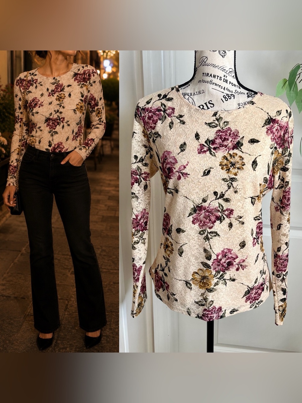 Kate Hill Y2K Floral Lace Long Sleeve Top Cream Sz M